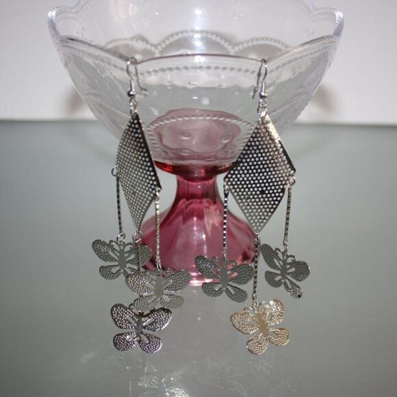 Silver Mesh Rectangle & Butterfly Dangle Earrings Women's Boho Fashion Jewelry - Picture 1 of 3